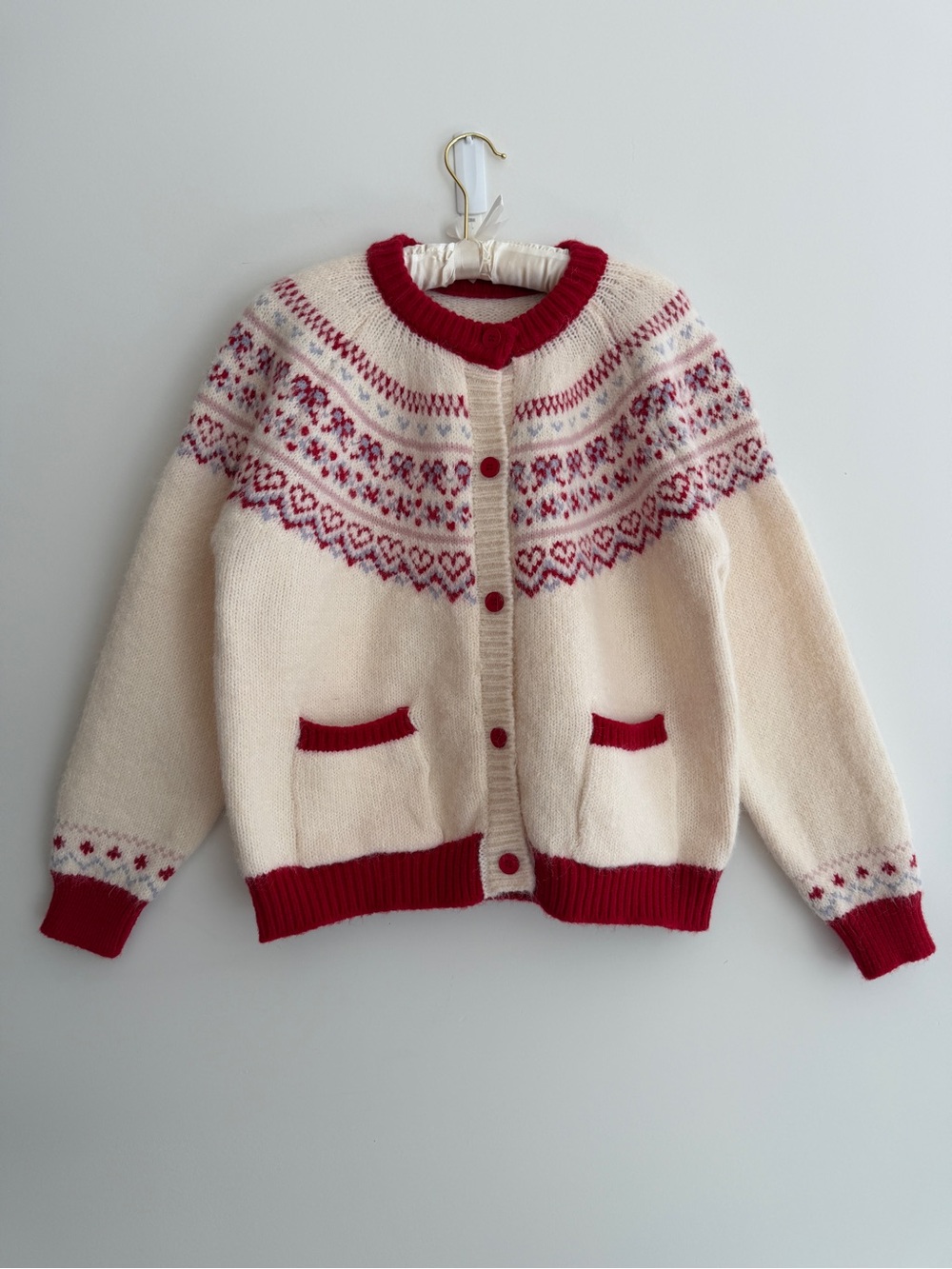 FAIR ISLE  Hearts Bows Cardigan Sweater Fuzzy Soft Cozy Pockets Nordic Soft Girl